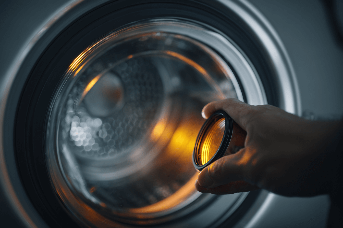 Visuel d'un filtre à lave linge tenu par une main 