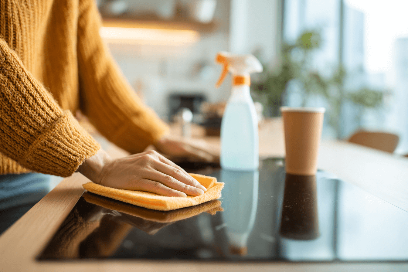 Personne qui nettoie une plaque de cuisson à l'aide d'un chiffon