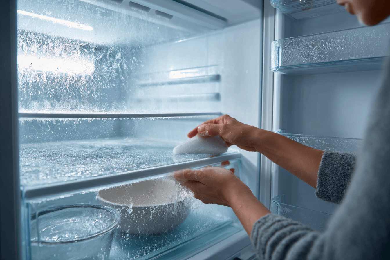 visuel d'une personne qui dégivre son frigo