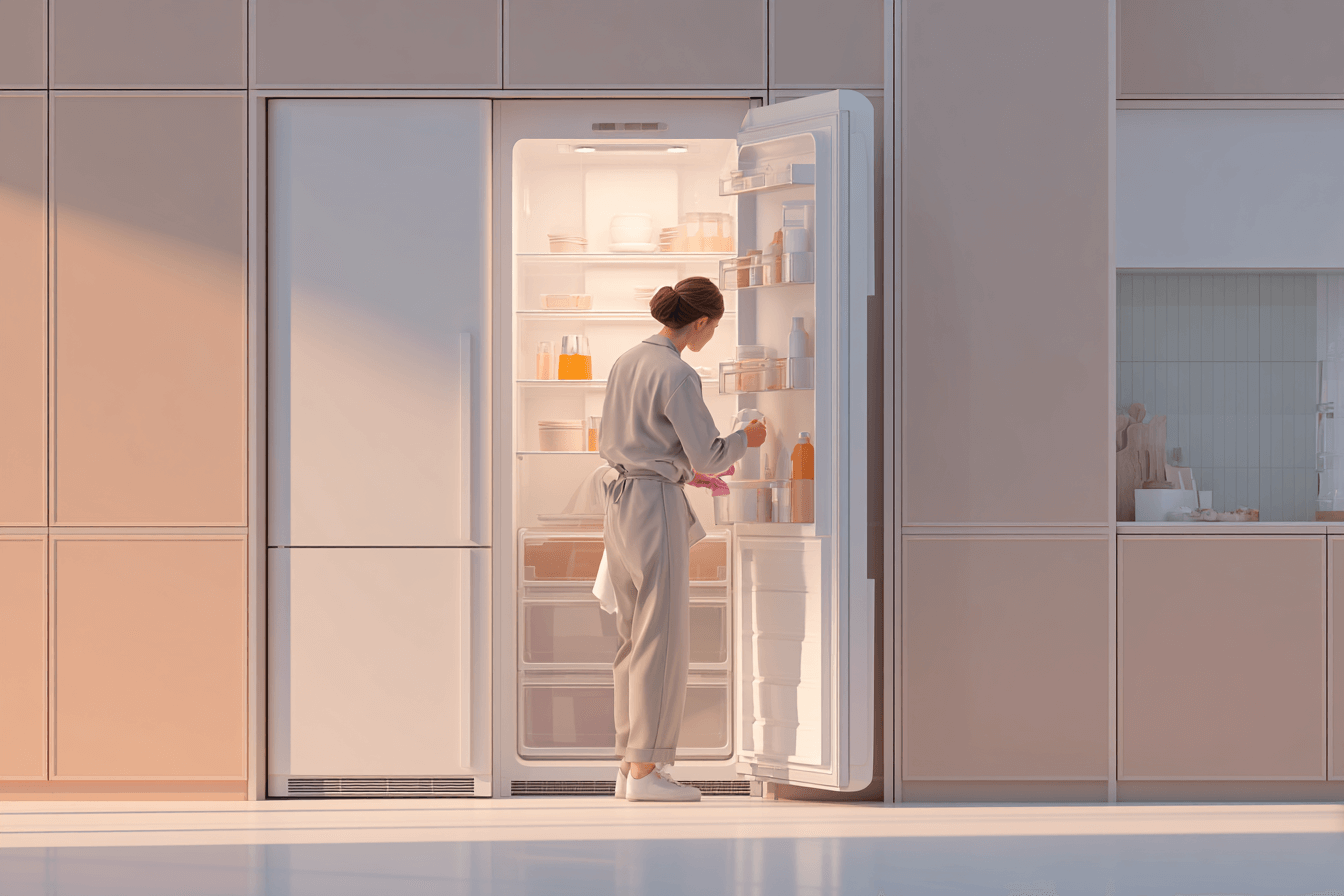 Femme de menage qui nettoie un frigo